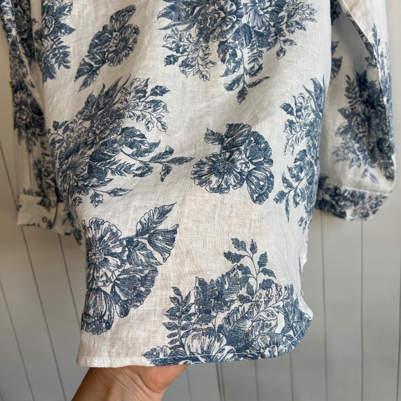 Rachel Zoe size L long sleeve button up shirt 100% linen white blue floral - Picture 9 of 12
